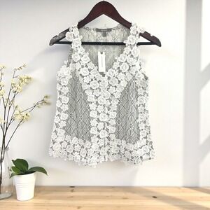 Anthropologie Blue Tassel Lace Floral Overlay Tank Top M White Black NWT